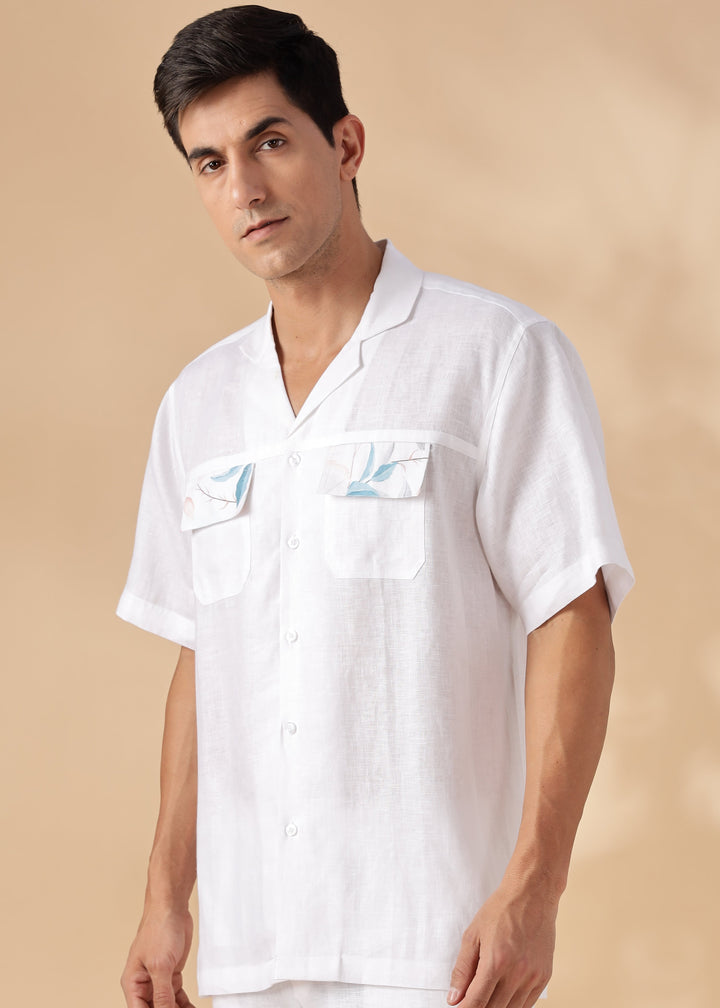 Shay - Pure Linen Cuban Collar Shirt with Printed Flap Pockets - White