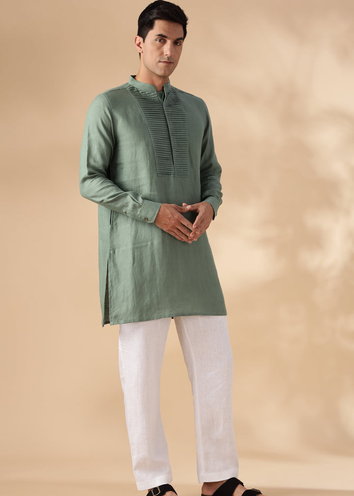 Nirva Kurta - Pure Linen Kurta with Space Tucks | Spring Green
