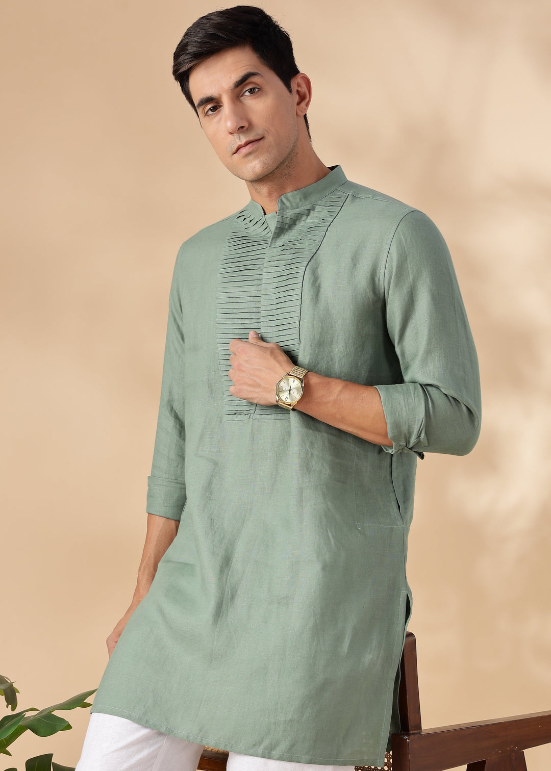 Nirva Kurta - Pure Linen Kurta with Space Tucks | Spring Green