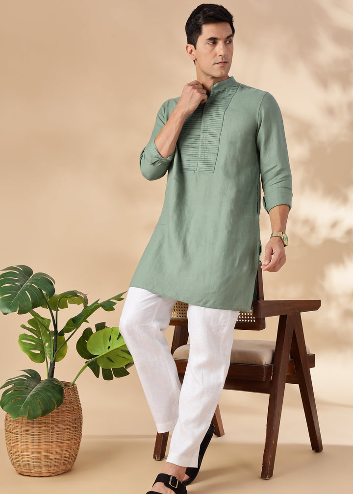 Nirva Kurta - Pure Linen Kurta with Space Tucks | Spring Green