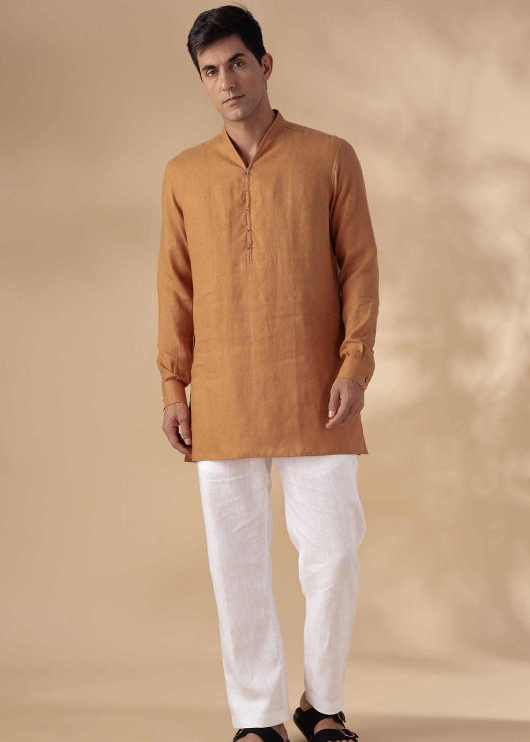 Taran Kurta - Half Placket Pure Linen Kurta - Mustard Brown