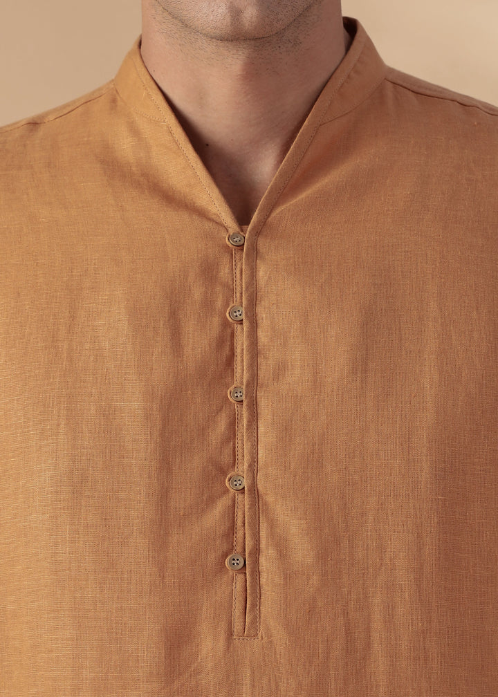 Taran Kurta - Half Placket Pure Linen Kurta - Mustard Brown