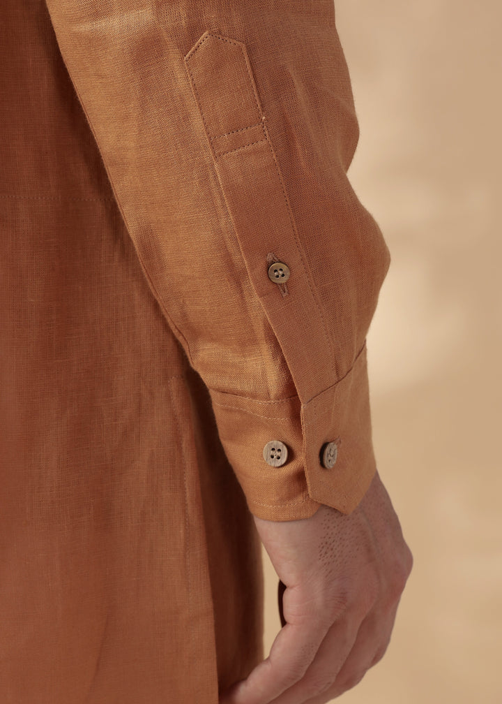 Taran Kurta - Half Placket Pure Linen Kurta - Mustard Brown
