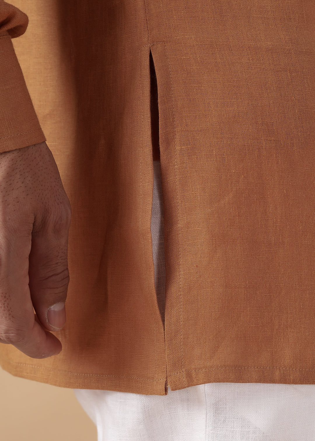 Taran Kurta - Half Placket Pure Linen Kurta - Mustard Brown