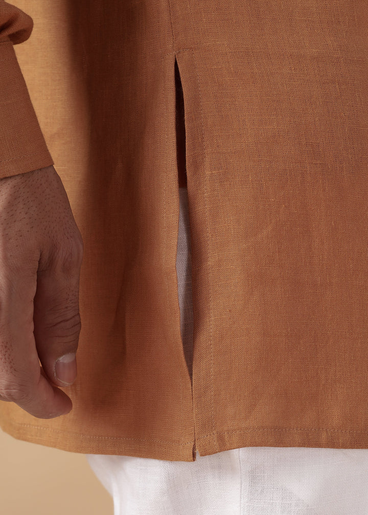 Taran Kurta - Half Placket Pure Linen Kurta - Mustard Brown