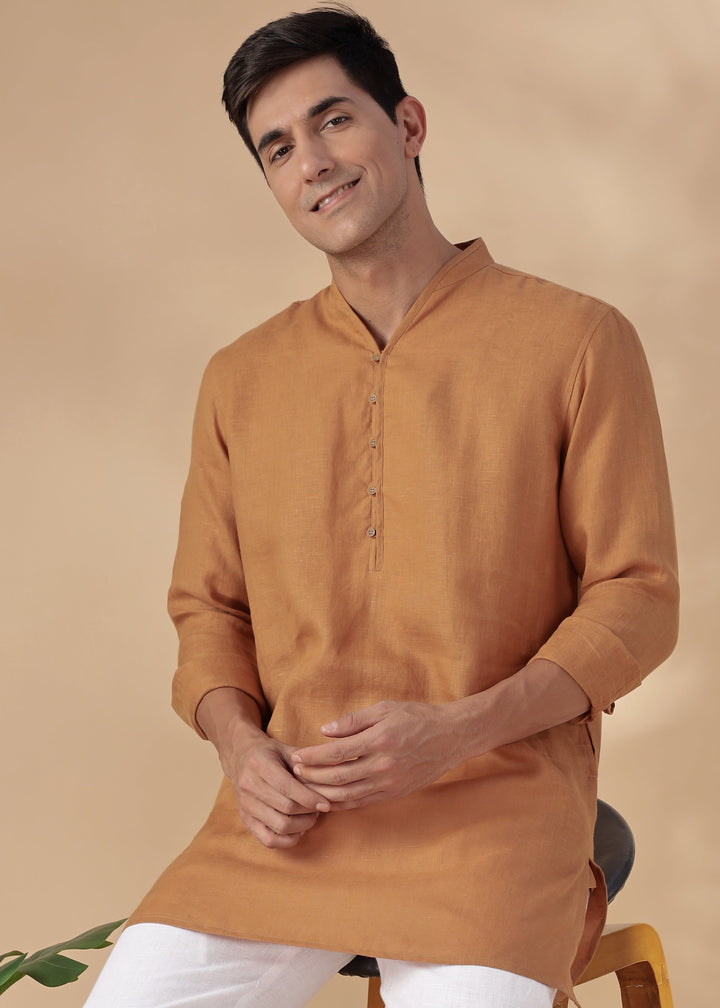 Taran Kurta - Half Placket Pure Linen Kurta - Mustard Brown