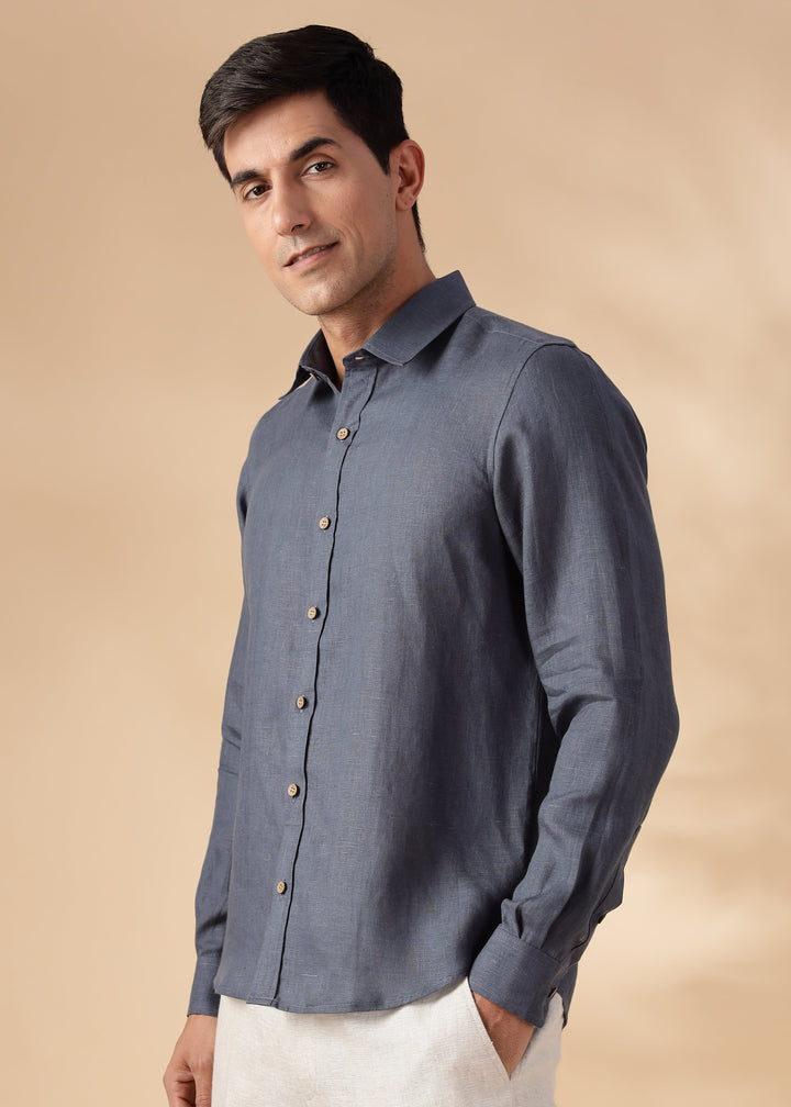 Ron - Pure Linen Full Sleeve Shirt - Gunmetal Grey