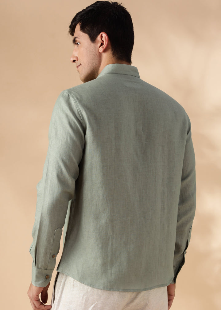 Auro - Pure Linen Full Sleeve Shirt No Pocket - Light Olive Green