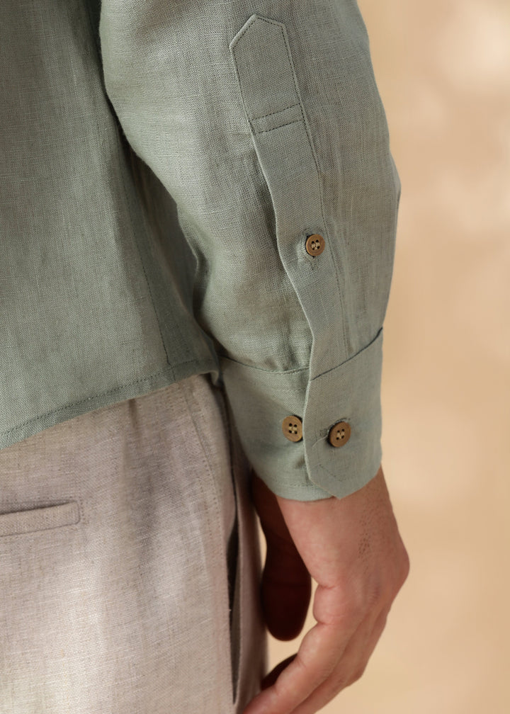 Auro - Pure Linen Full Sleeve Shirt No Pocket - Light Olive Green