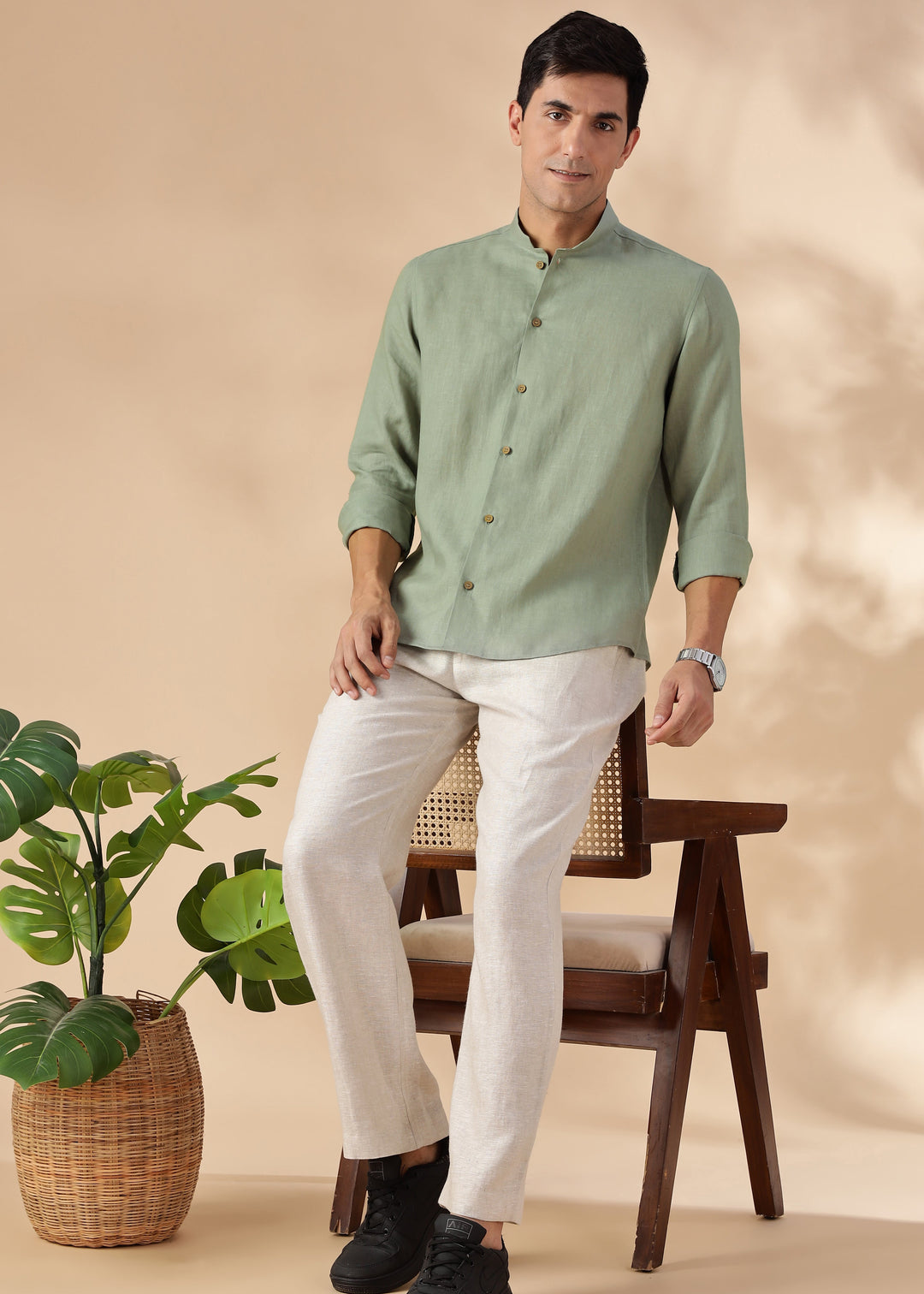 Auro - Pure Linen Full Sleeve Shirt No Pocket - Light Olive Green