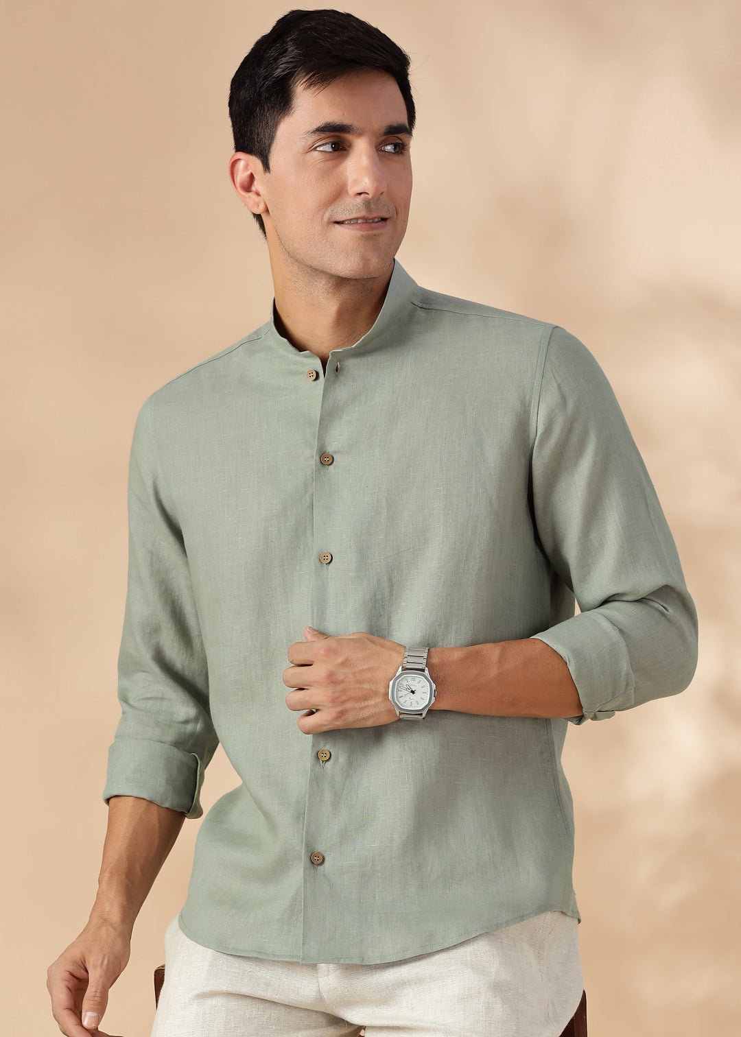 Auro - Pure Linen Full Sleeve Shirt No Pocket - Light Olive Green