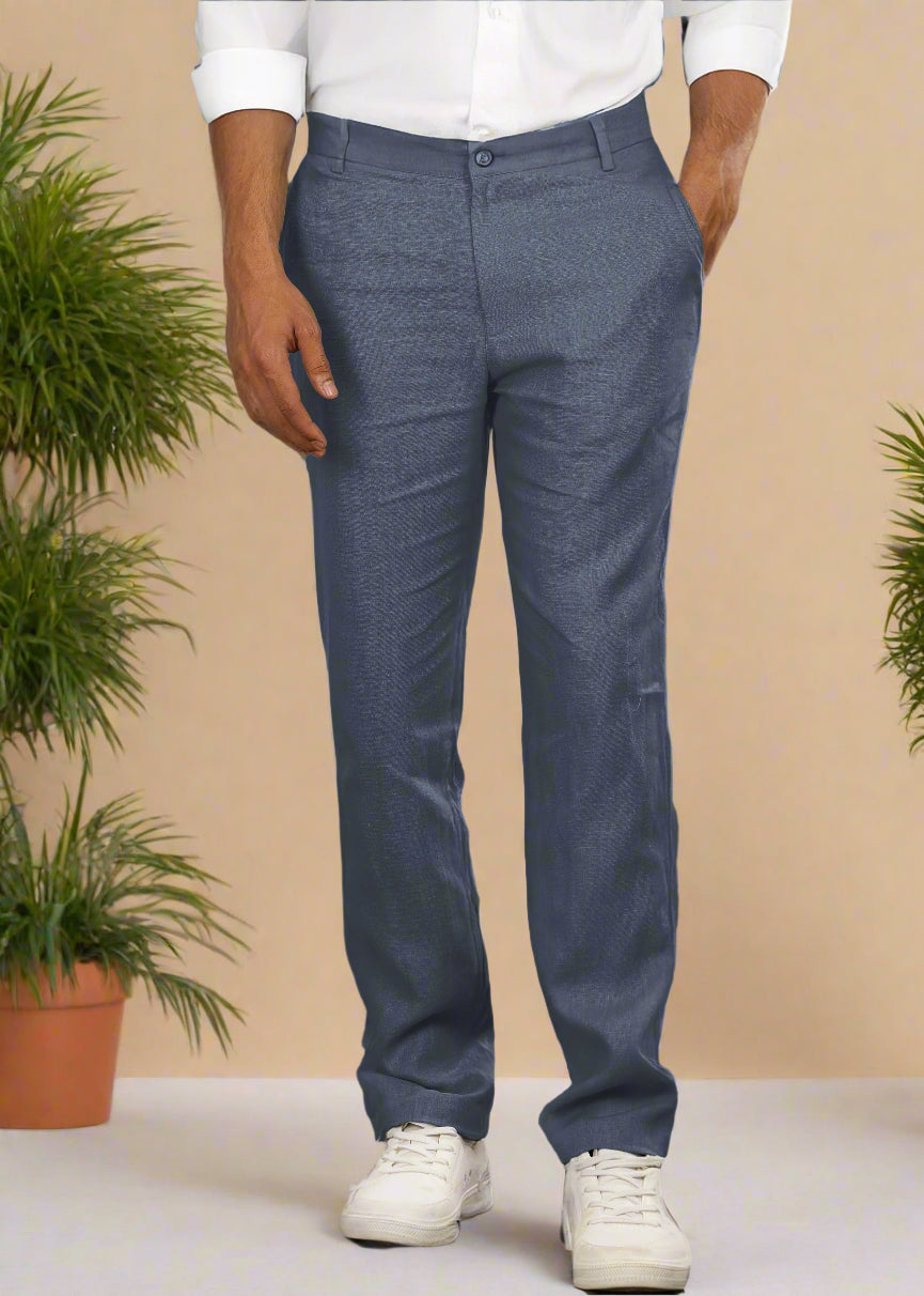 Dark Blue Grey Pure Linen Pants by Linen Trail