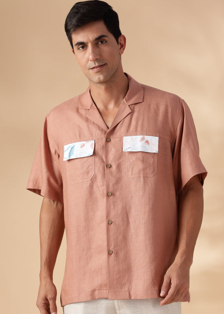 Shay - Pure Linen Cuban Collar Shirt with Printed Flap Pockets - Fondue Pink