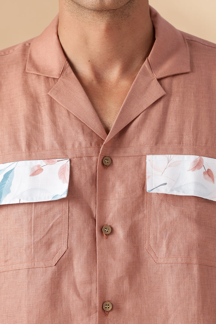 Shay - Pure Linen Cuban Collar Shirt with Printed Flap Pockets - Fondue Pink