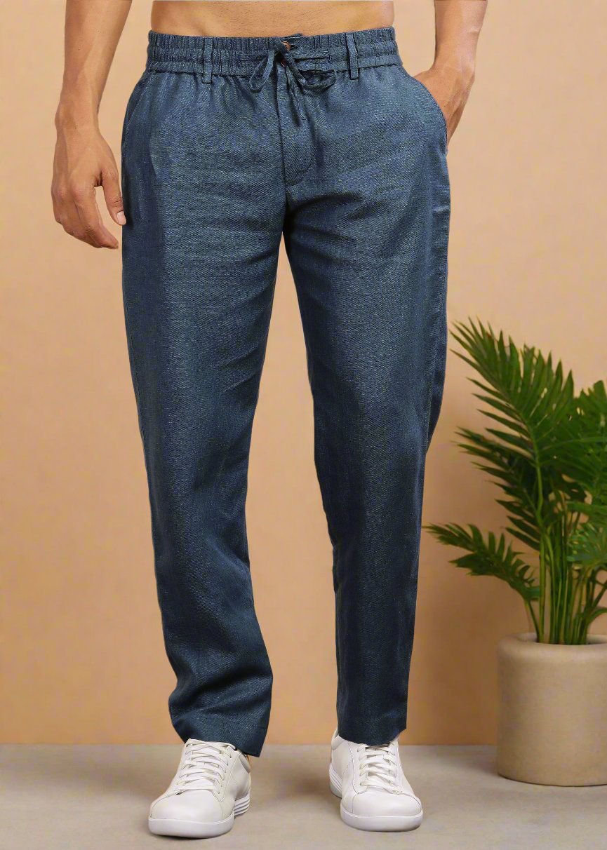 Blue Pure Linen Pants With Elastic Waistband, Drawcord & Zipper