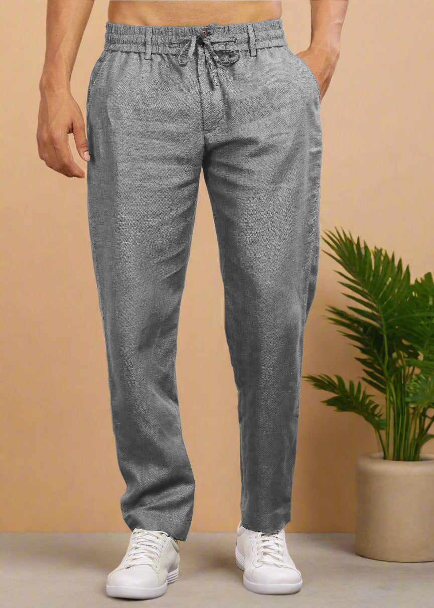 Drake - Pure Linen Trousers With Elastic Waist Band, Drawcord & Zipper - Steel Grey (Factory Rescue)