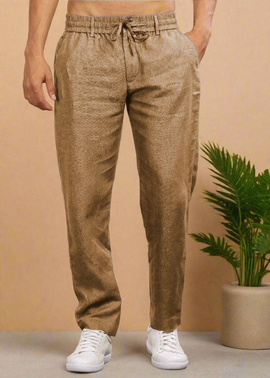 Hazelnut Brown Pure Linen Pants With Elastic Waistband, Drawcord