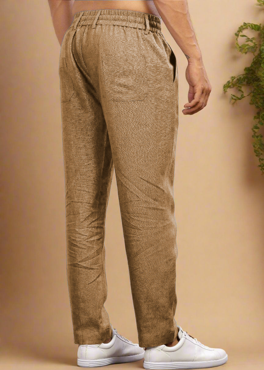 Drake - Pure Linen Trousers With Elastic Waist Band, Drawcord & Zipper - Light Hazelnut Brown