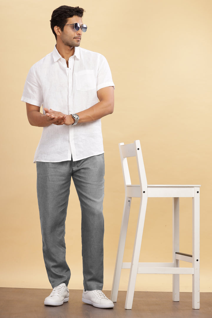 Drake - Pure Linen Trousers With Elastic Waist Band, Drawcord & Zipper - Steel Grey (Factory Rescue)