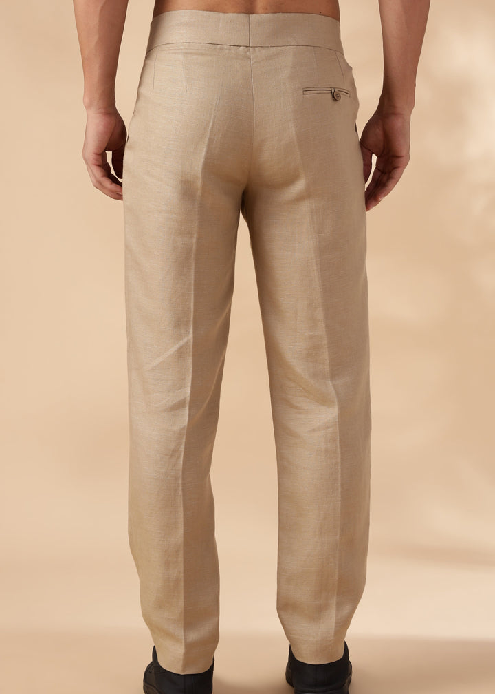 Foster - Pure Linen Trousers with Stylised Waistband - Light Hazelnut Brown