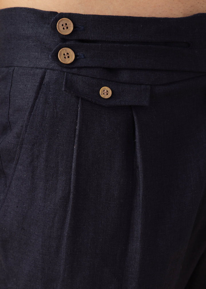Liv - Pure Linen Double Pleated with Overlap Button Detail Trousers - Regal Blue