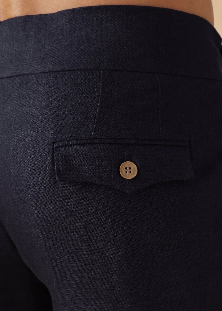 Liv - Pure Linen Double Pleated with Overlap Button Detail Trousers - Regal Blue