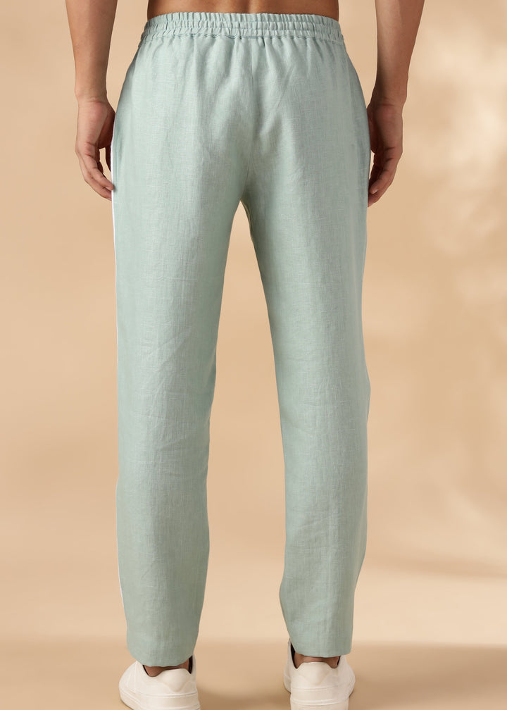 Duo - Pure Linen Panel Elastic Pants with Drawcord - Caribbean Green