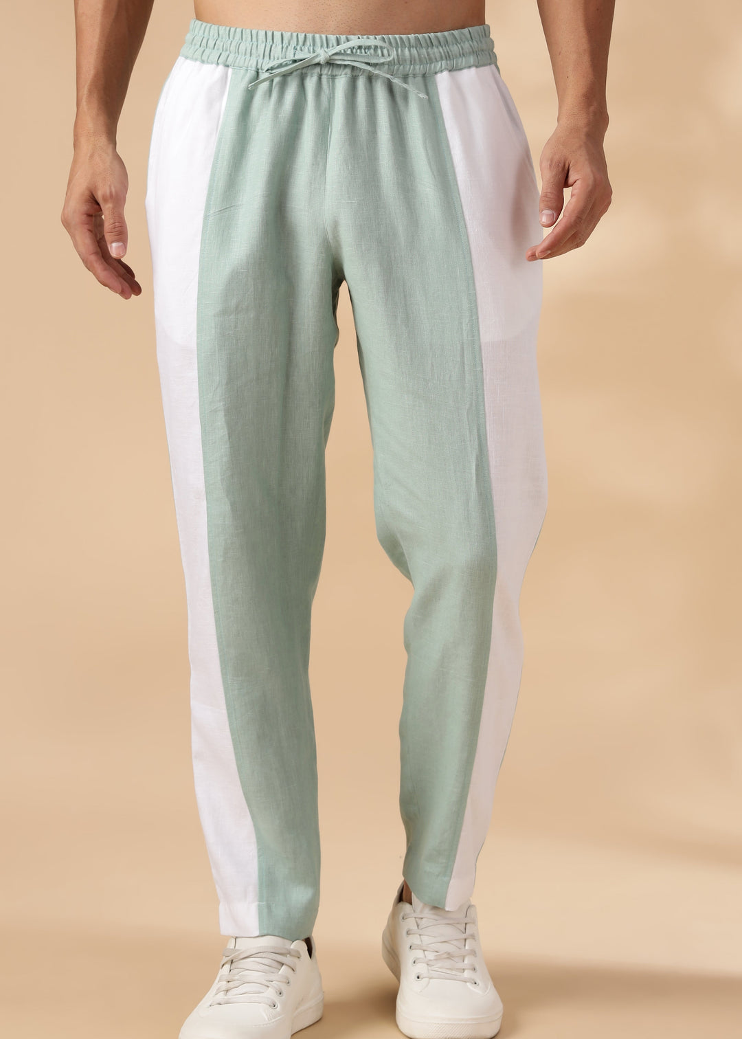 Duo - Pure Linen Panel Elastic Pants with Drawcord - Caribbean Green