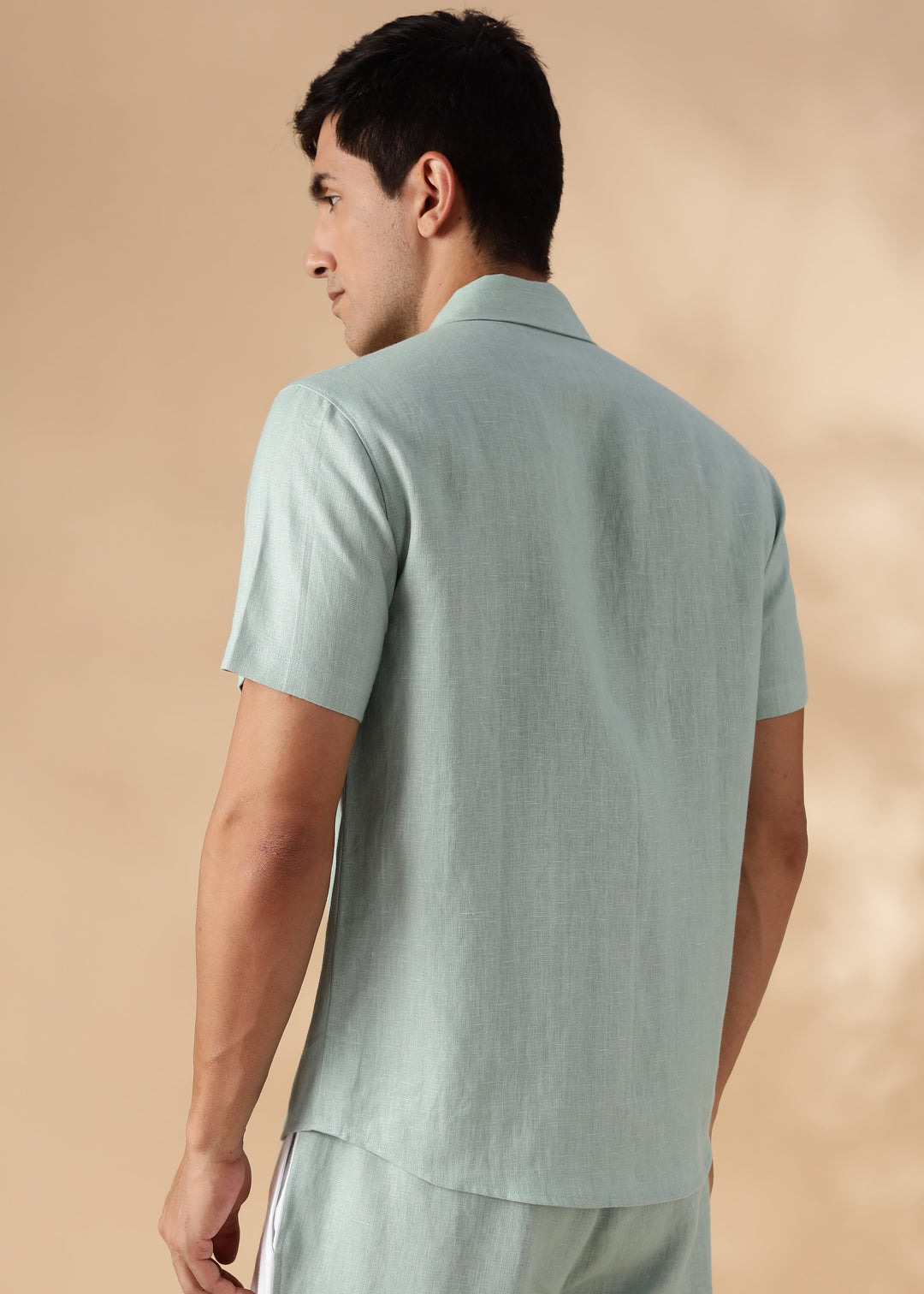 Dune - Cuban Collar Pure Linen Half Sleeve Shirt - Caribbean Green