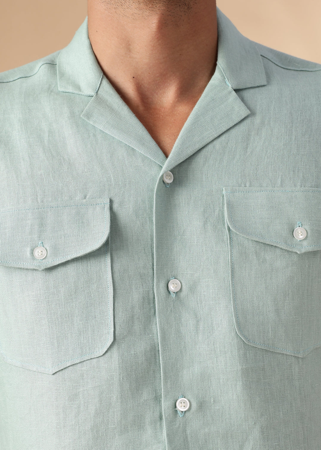 Dune - Cuban Collar Pure Linen Half Sleeve Shirt - Caribbean Green