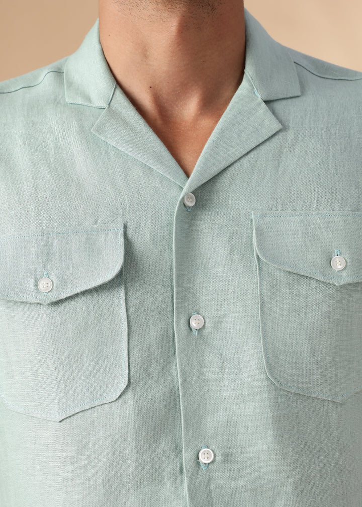 Dune - Cuban Collar Pure Linen Half Sleeve Shirt - Caribbean Green