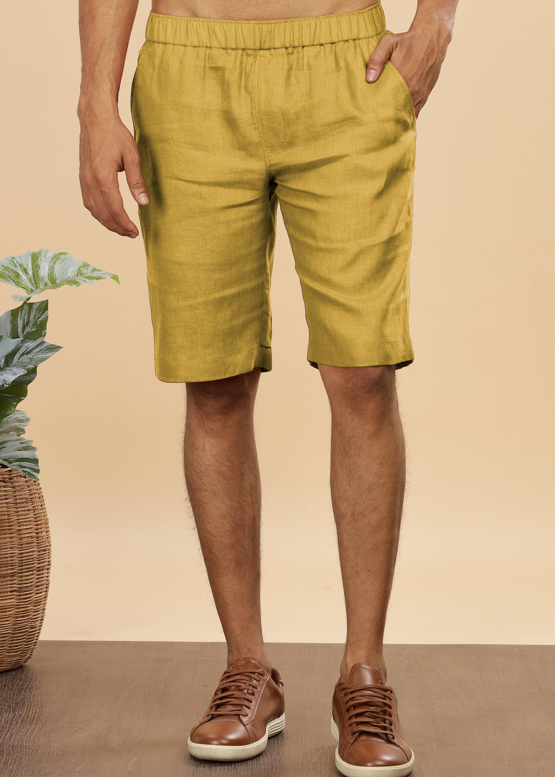 Trio Shorts - Pure Linen Shorts With Elastic Band - Sunburst Yellow