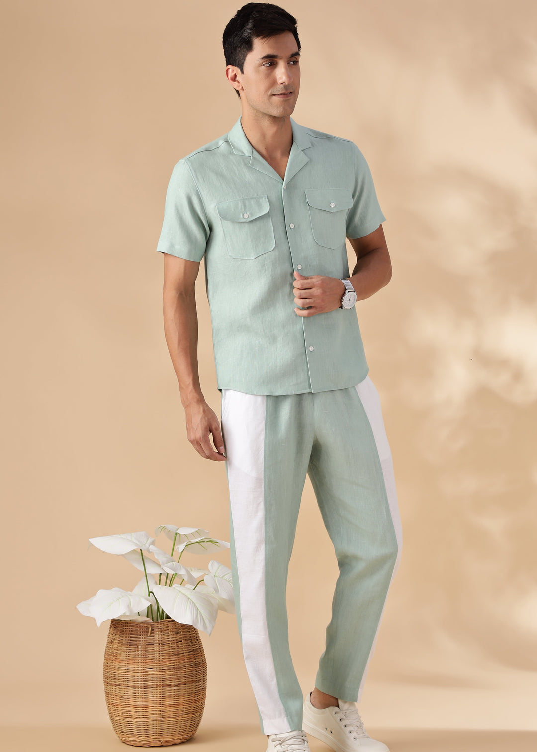 Dune - Cuban Collar Pure Linen Half Sleeve Shirt - Caribbean Green