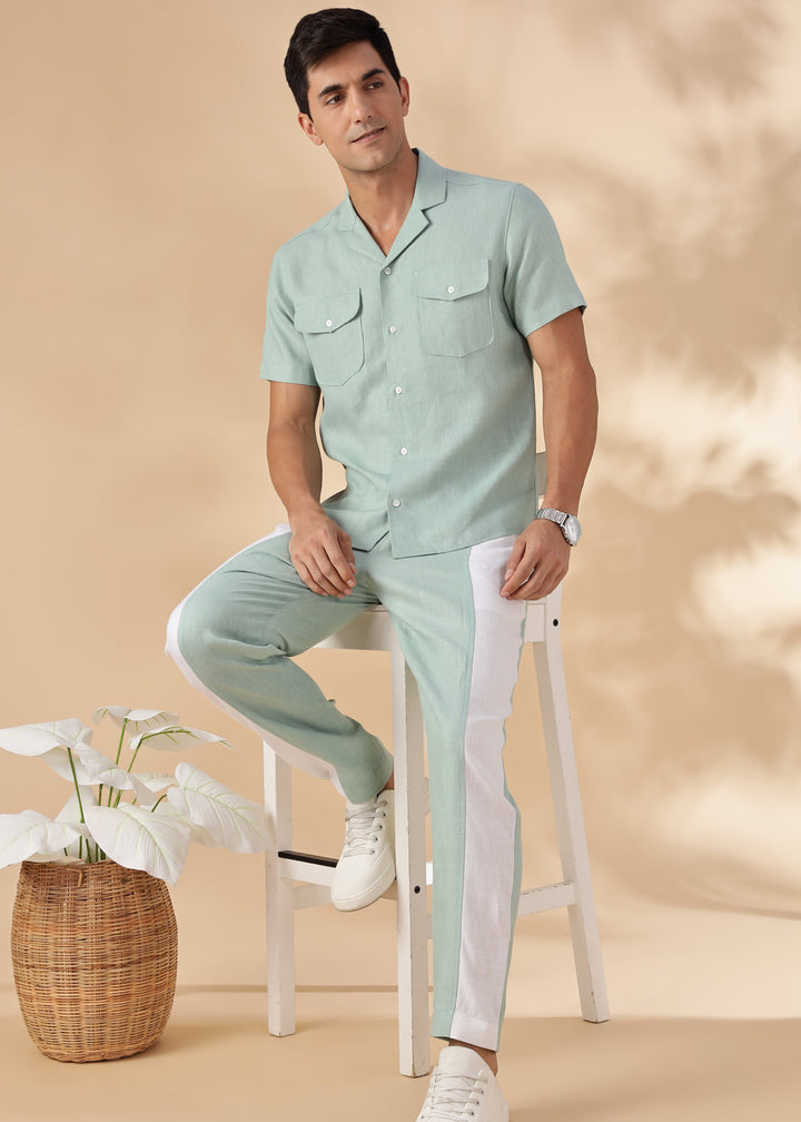 Duo - Pure Linen Panel Elastic Pants with Drawcord - Caribbean Green