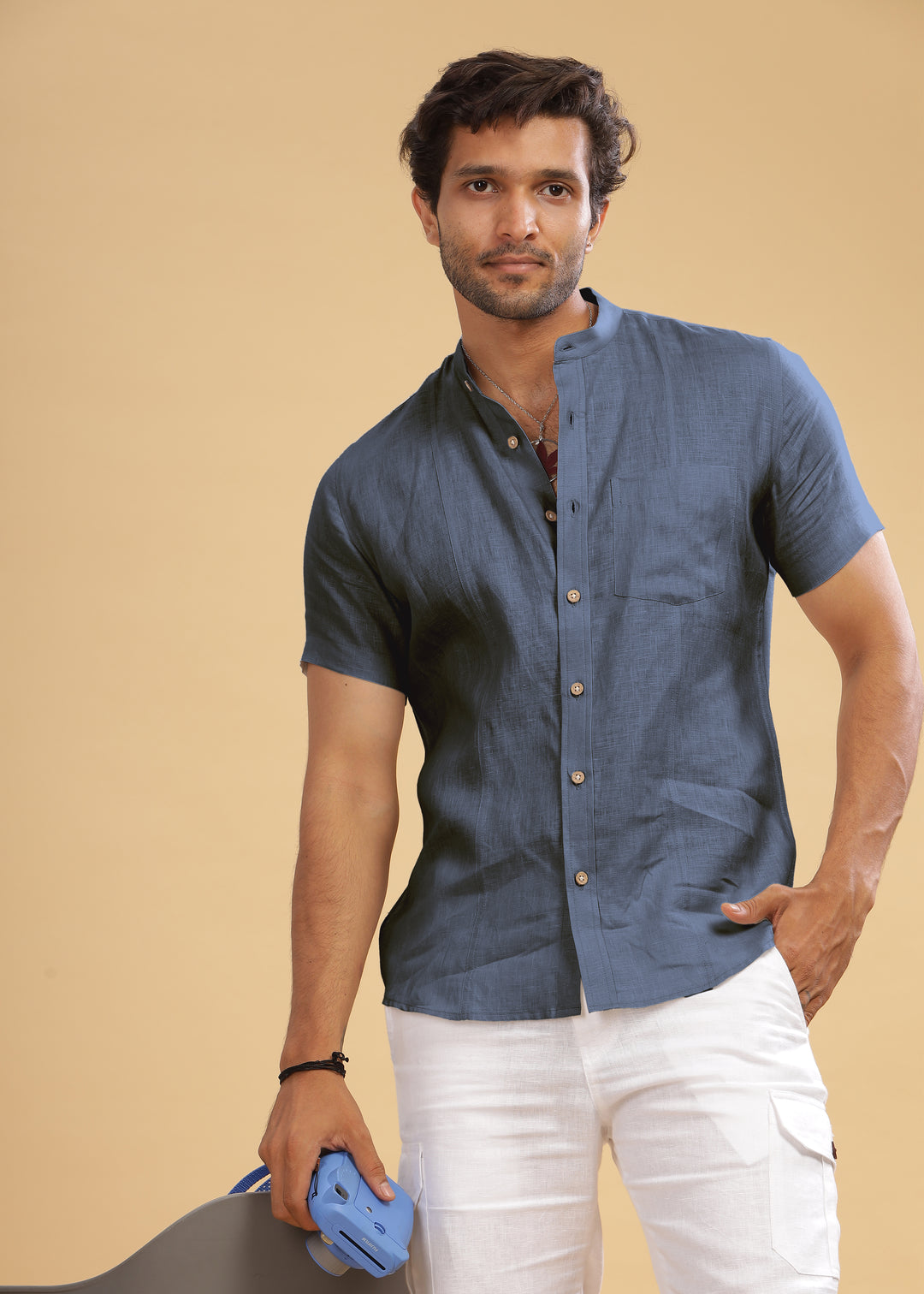 Trevor - Pure Linen Mandarin Collar Half Sleeve Shirt - Gunmetal Grey