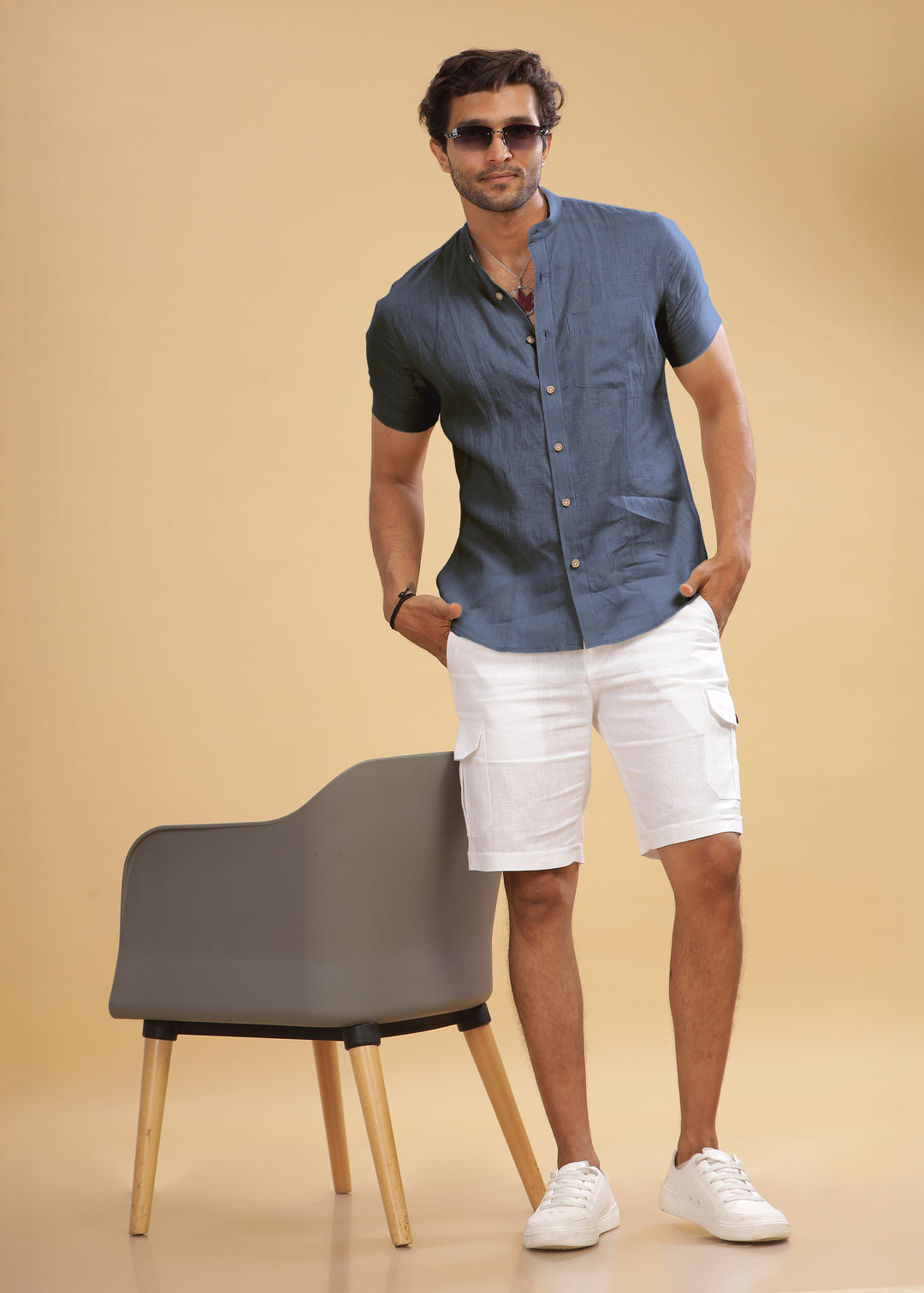 Trevor - Pure Linen Mandarin Collar Half Sleeve Shirt - Gunmetal Grey