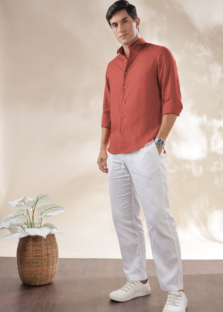Monarc - Pure Linen Spread Collar Full Sleeve Shirt - Terracotta Red