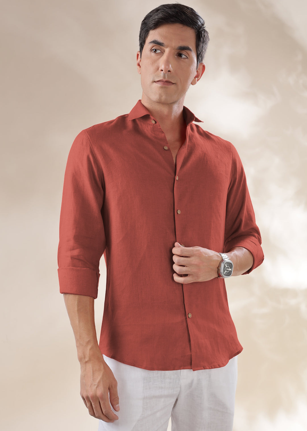 Monarc - Pure Linen Spread Collar Full Sleeve Shirt - Terracotta Red