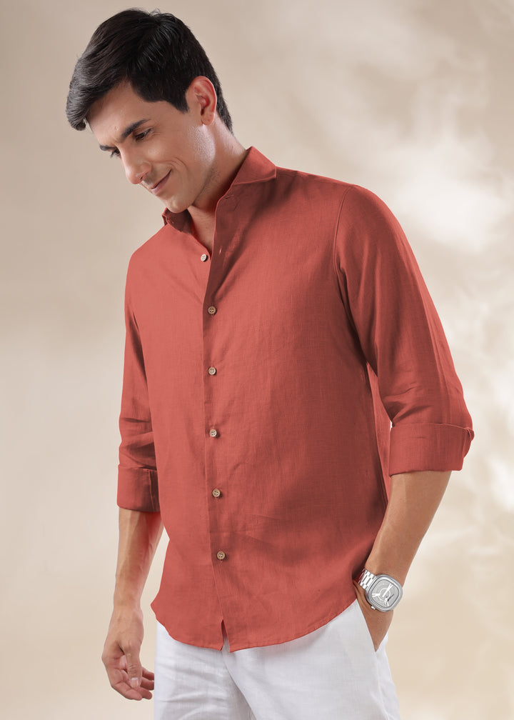 Monarc - Pure Linen Spread Collar Full Sleeve Shirt - Terracotta Red