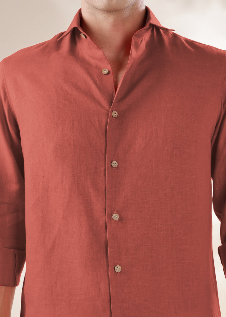 Monarc - Pure Linen Spread Collar Full Sleeve Shirt - Terracotta Red