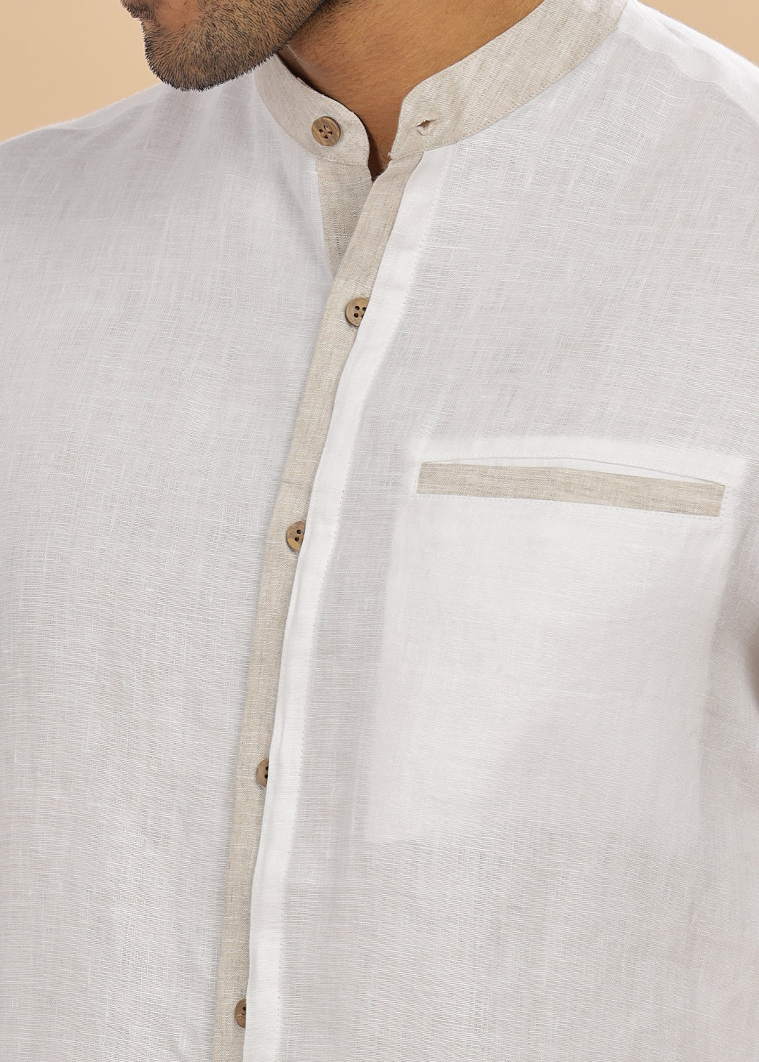 Dylan - Pure Linen Mandarin Collar Stylized Full Sleeve Shirt - White & Ecru