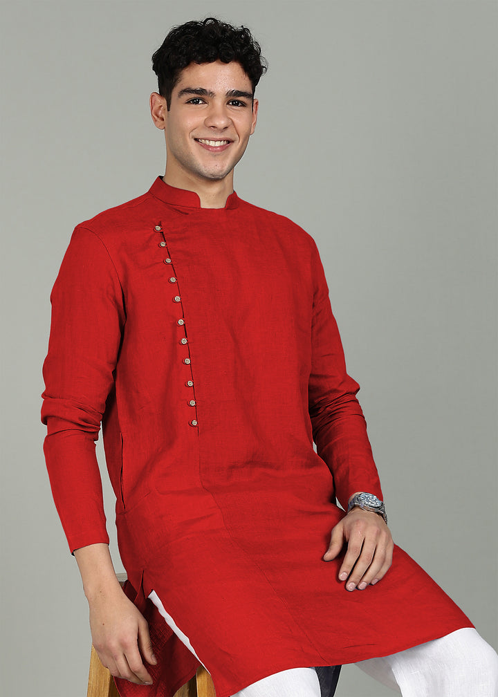 Vian - Full Sleeve Band Collar Pure Linen Kurta - Mud Red