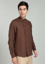 Floyd Shirt - Pure Linen Mandarin Collar Shirt - Coffee Brown