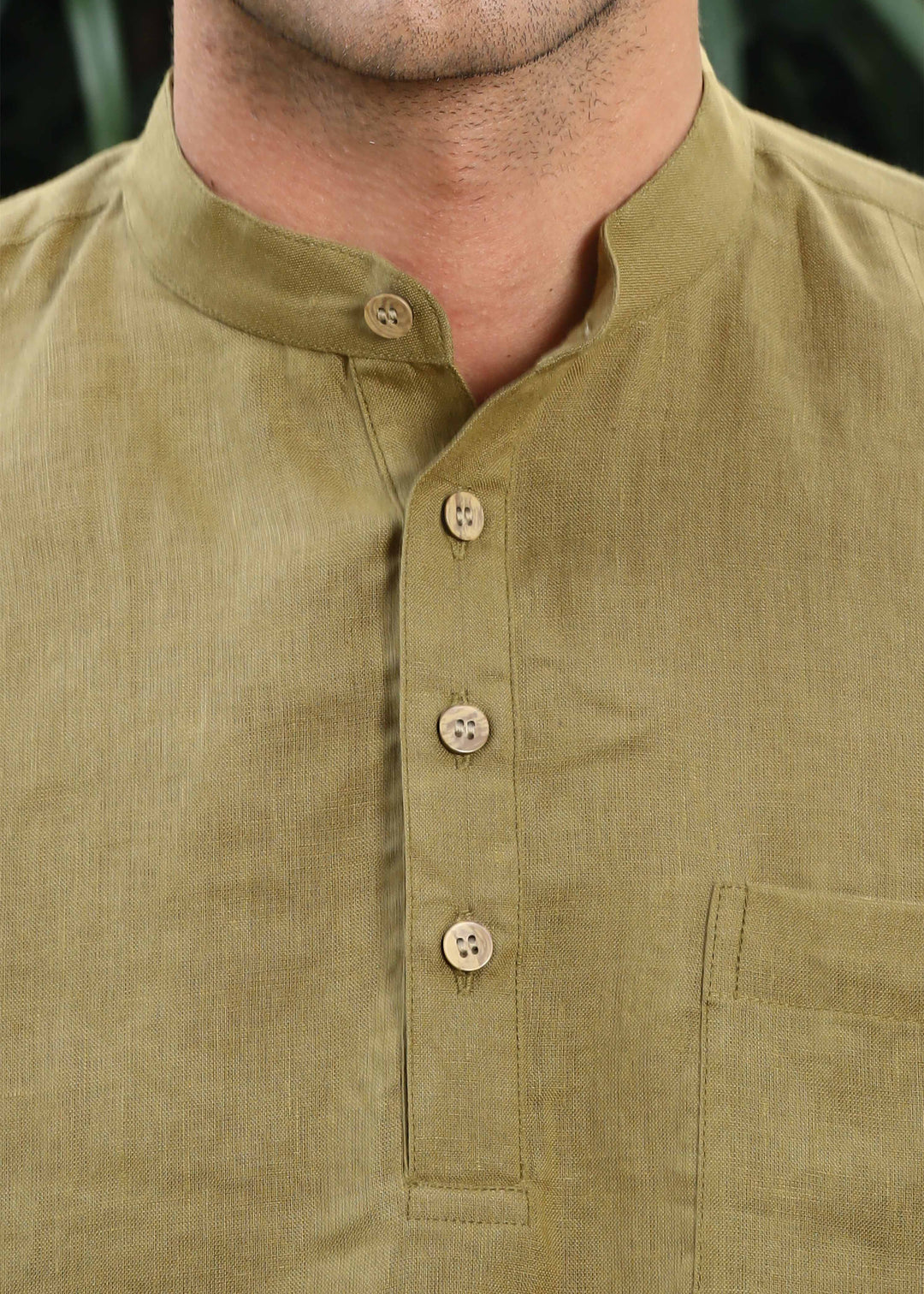 Trevor - Half Placket Pure Linen Full Sleeve Shirt - Golden Olive Green