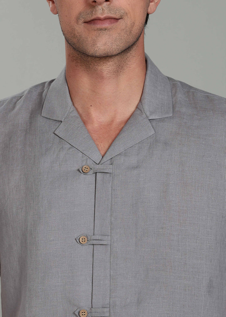 Troy Shirt - Pure Linen Shirt with Cuban Collar and Loop Buttons - Slate Grey