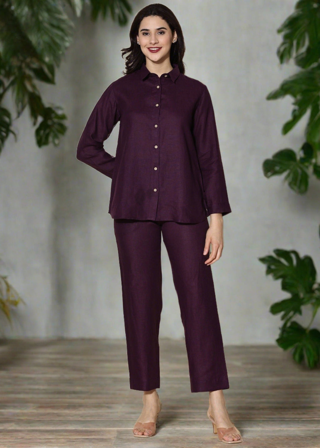 Ivy - Pure Linen Full Sleeve Co-ord Set - Dark Purple