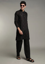 Aaina - Pure Linen Mirror Embroidered Regular Kurta - Black