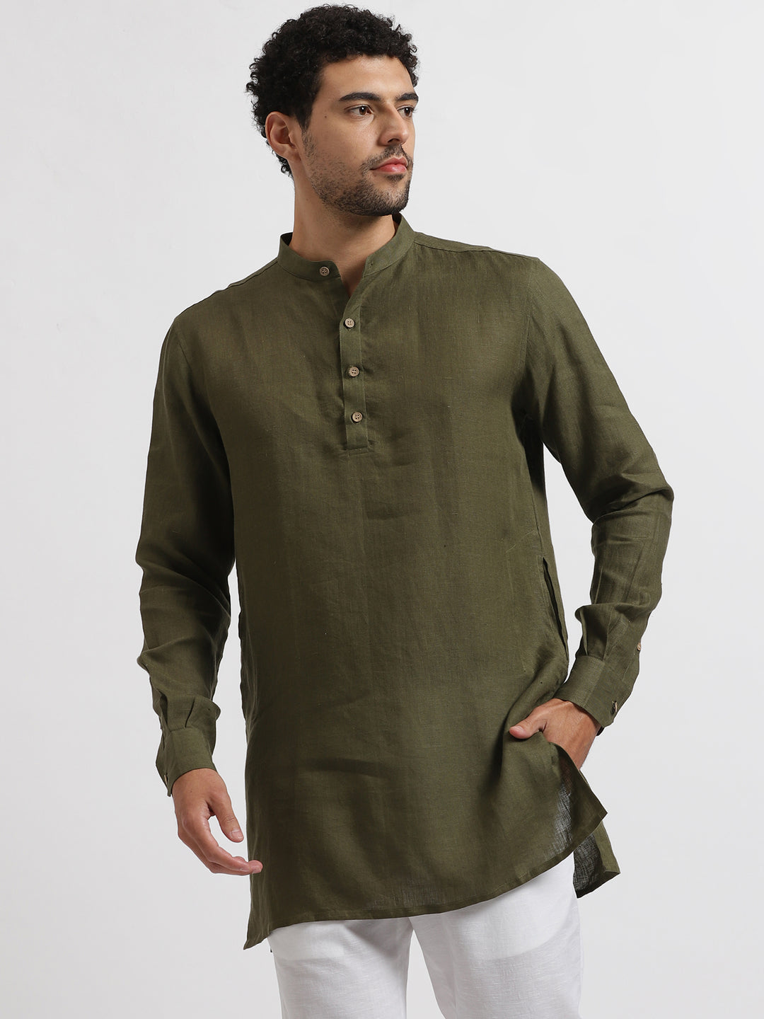 Kurta Sets - Parker Pure Linen Short Kurta | Moss Green