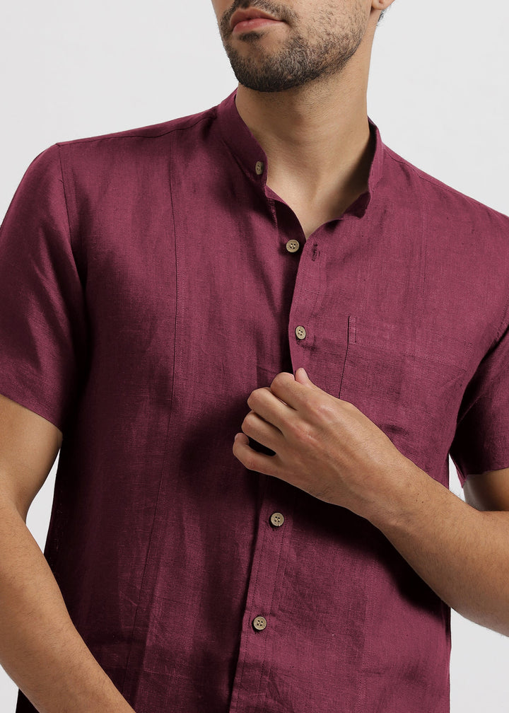 Trevor - Pure Linen Mandarin Collar Half Sleeve Shirt - Twilight Purple