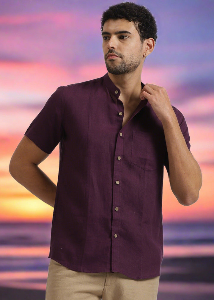 Trevor - Pure Linen Mandarin Collar Half Sleeve Shirt - Dark Purple